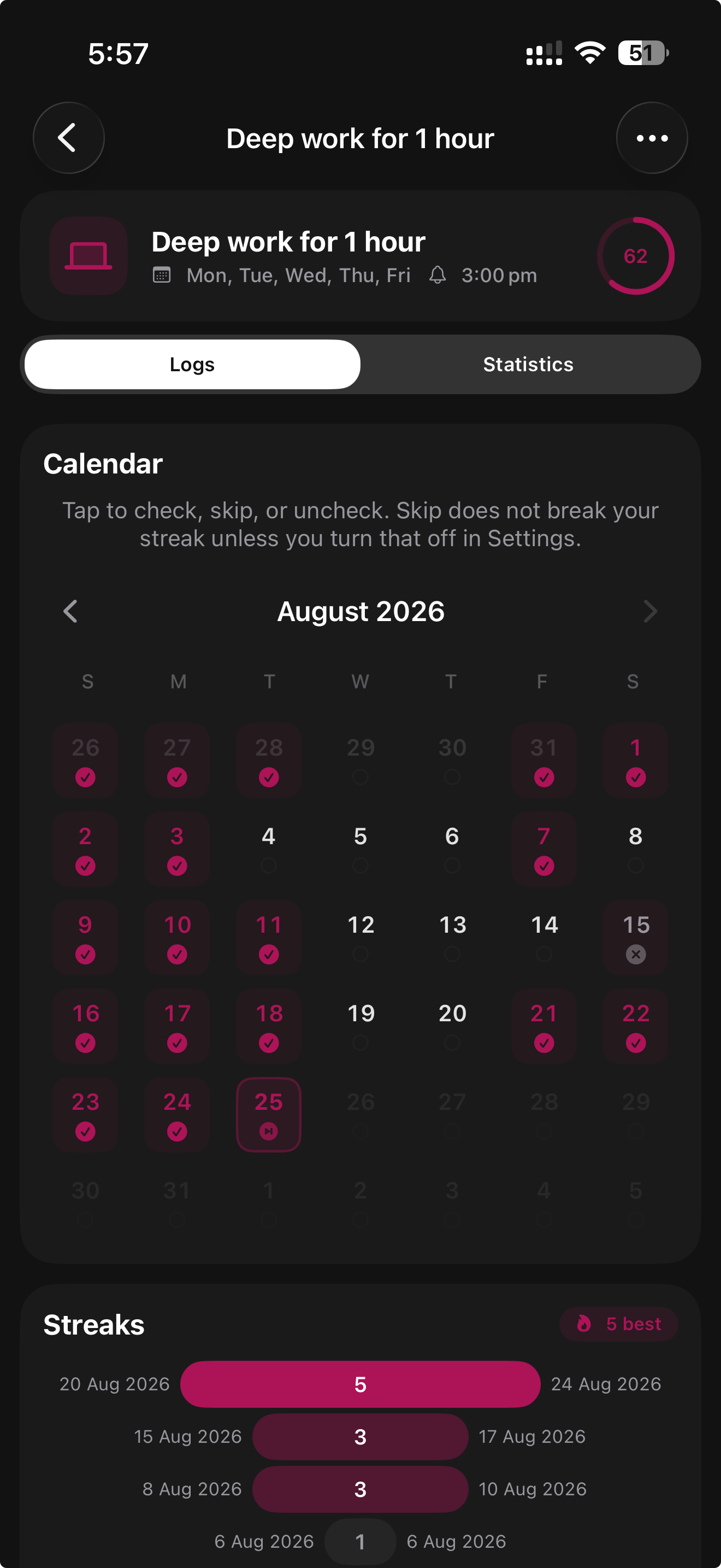 Habit detail with calendar and streak history